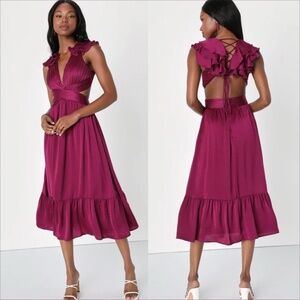 LULU's Polished Elegance Plum Purple Ruffled Lace-Up Midi Dress